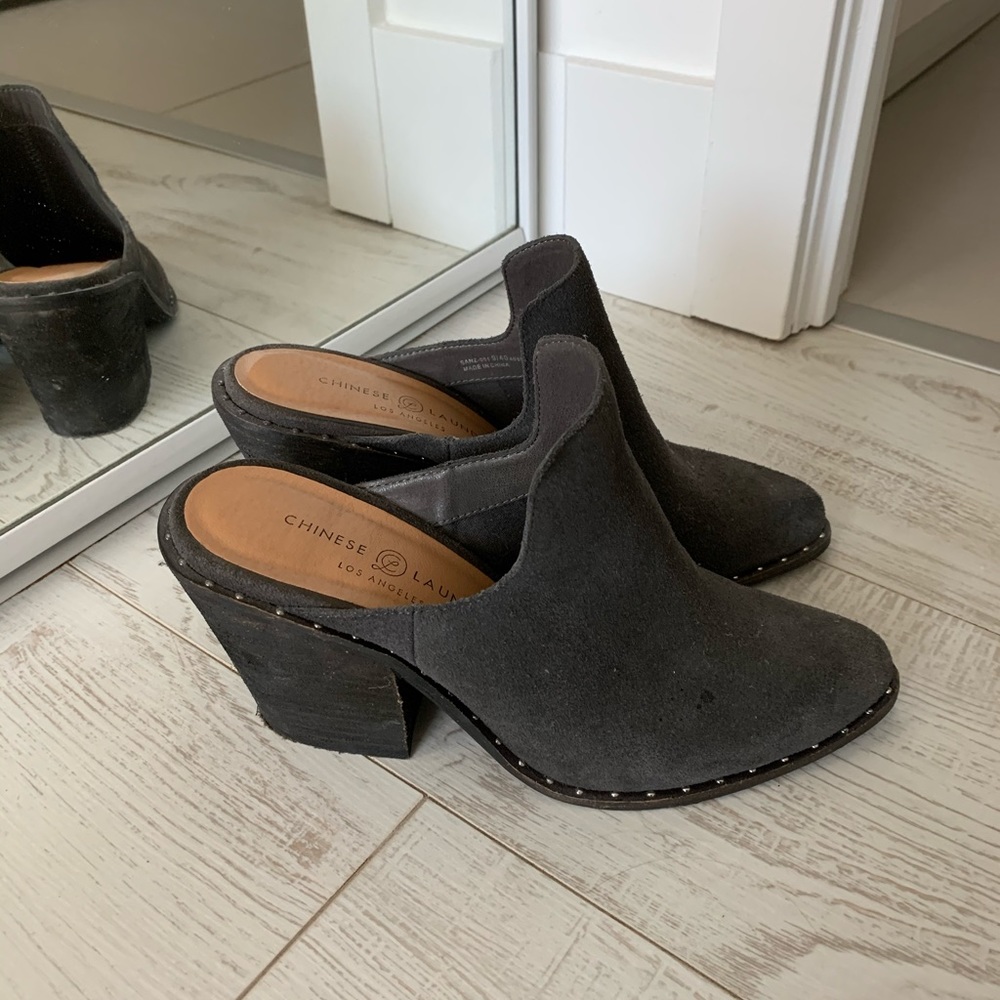 Chinese Laundry Grey Heeled Mules